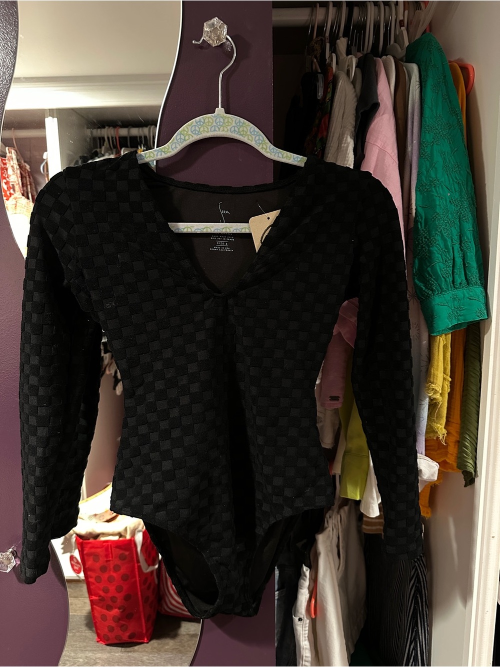 Black Checker Textured Long Sleeve Bathing Suit